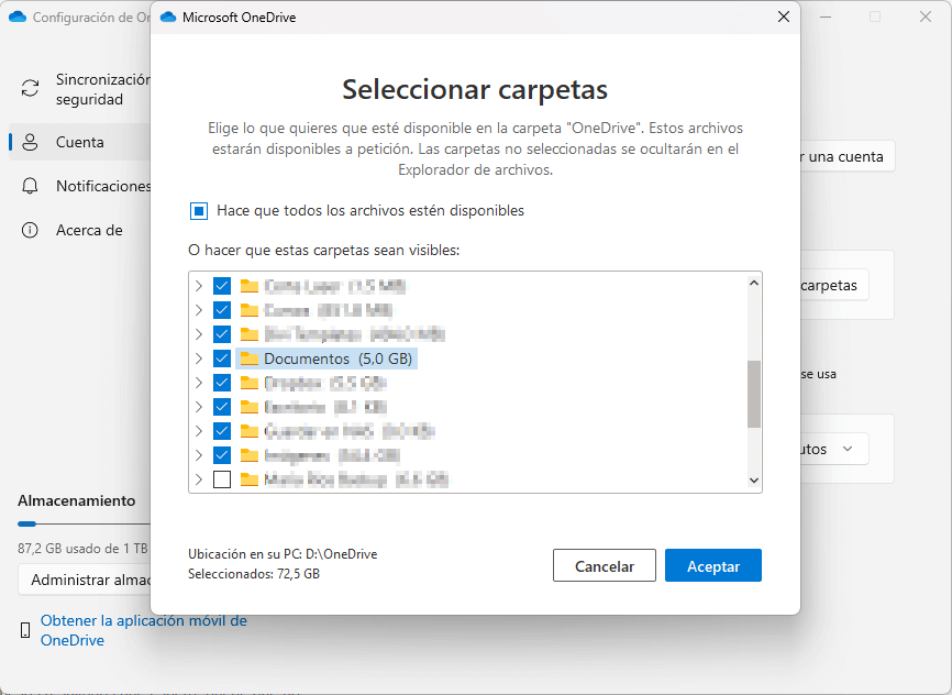 seleccionar carpetas de OneDrive seleccionar carpetas de OneDrive