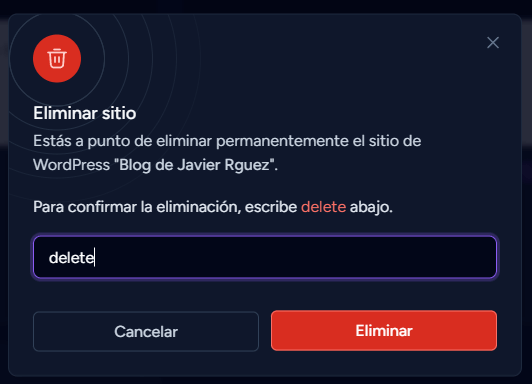confirmar eliminación del sitio clonado confirmar eliminación del sitio clonado